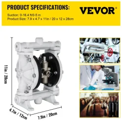 VEVOR Air-Operated Double Diaphragm Pump, 1/2 in Inlet & Outlet, Polypropylene Body, 2.5 GPM & Max 80PSI, PTFE Diaphragm Pneumatic Transfer Pump for Petroleum, Diesel, Oil & Low Viscosity Fluids