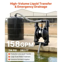 VEVOR Air Operated Double Diaphragm Pump, 158 GPM, 2 inch Inlet & Outlet Pneumatic Waste Oil Transfer Pump, Max 114 PSI, Aluminum Alloy Body, Air-Operated for Diesel, Grease, Kerosene, Gasoline & Oil
