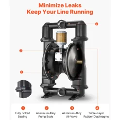 VEVOR Air Operated Double Diaphragm Pump, 158 GPM, 2 inch Inlet & Outlet Pneumatic Waste Oil Transfer Pump, Max 114 PSI, Aluminum Alloy Body, Air-Operated for Diesel, Grease, Kerosene, Gasoline & Oil