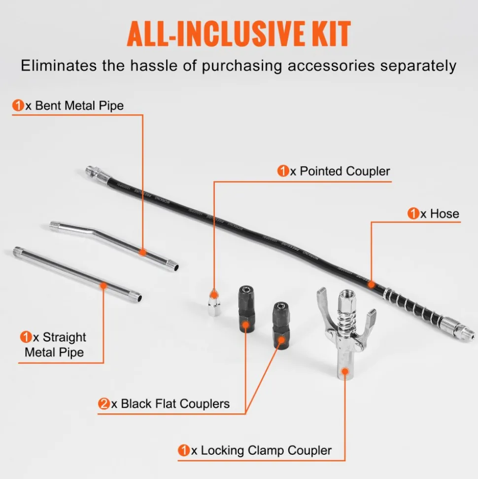 VEVOR Air Operated Grease Gun, 6000PSI, 14 OZ/400 CC Capacity Heavy Duty Pneumatic Grease Gun, with 18.5 Inch Flexible Hose, 1 Black Flat Coupler Pointed Coupler Bent Metal Pipe Locking Clamp Coupler