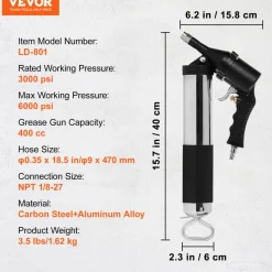 VEVOR Air Operated Grease Gun, 6000PSI, 14 OZ/400 CC Capacity Heavy Duty Pneumatic Grease Gun, with 18.5 Inch Flexible Hose, 1 Black Flat Coupler Pointed Coupler Bent Metal Pipe Locking Clamp Coupler