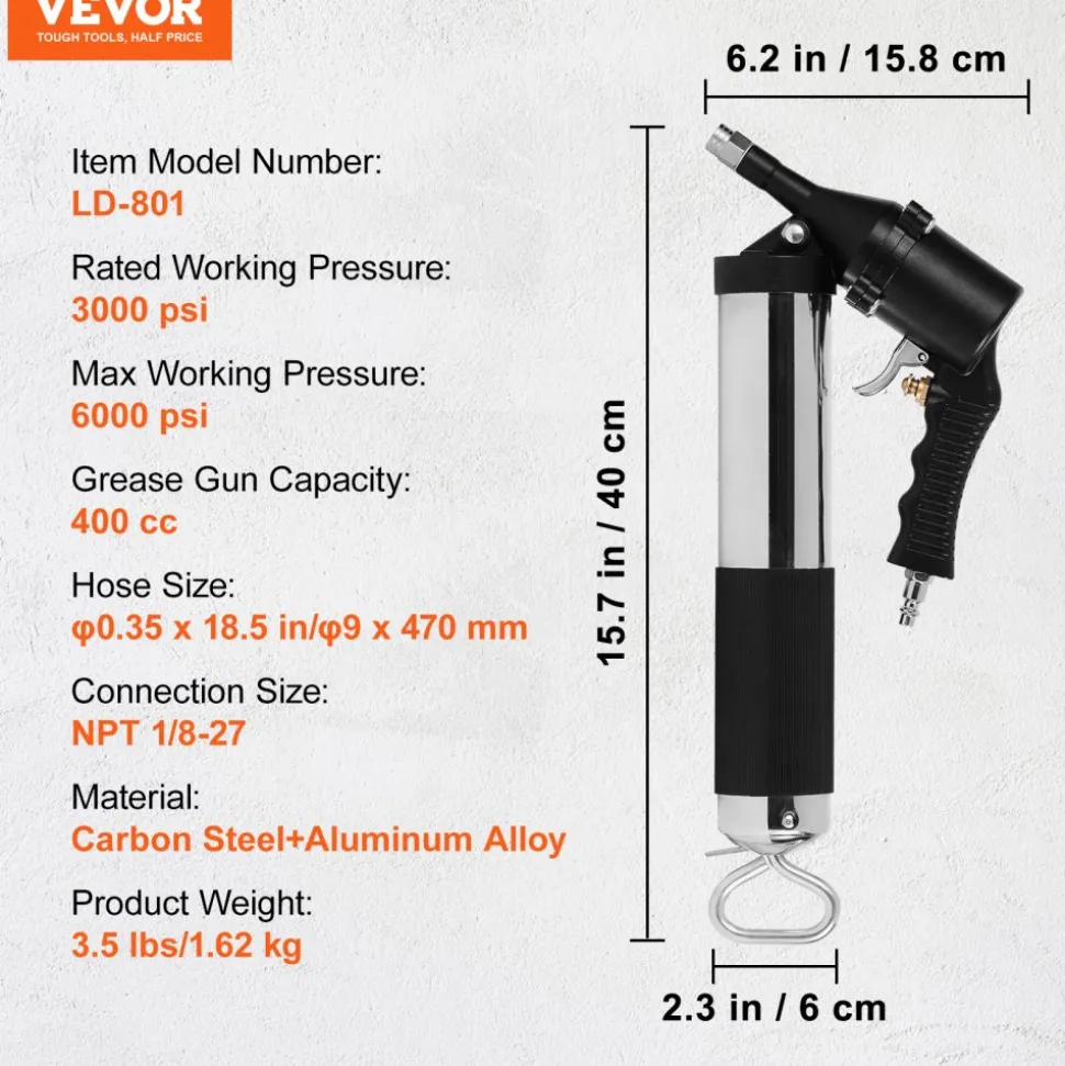 VEVOR Air Operated Grease Gun, 6000PSI, 14 OZ/400 CC Capacity Heavy Duty Pneumatic Grease Gun, with 18.5 Inch Flexible Hose, 1 Black Flat Coupler Pointed Coupler Bent Metal Pipe Locking Clamp Coupler
