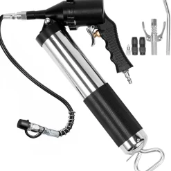 VEVOR Air Operated Grease Gun, 6000PSI, 14 OZ/400 CC Capacity Heavy Duty Pneumatic Grease Gun, with 18.5 Inch Flexible Hose, 1 Black Flat Coupler Pointed Coupler Bent Metal Pipe Locking Clamp Coupler