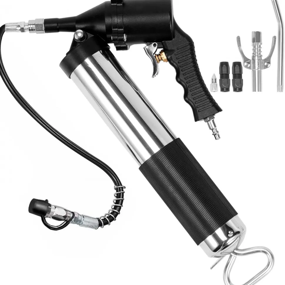 VEVOR Air Operated Grease Gun, 6000PSI, 14 OZ/400 CC Capacity Heavy Duty Pneumatic Grease Gun, with 18.5 Inch Flexible Hose, 1 Black Flat Coupler Pointed Coupler Bent Metal Pipe Locking Clamp Coupler