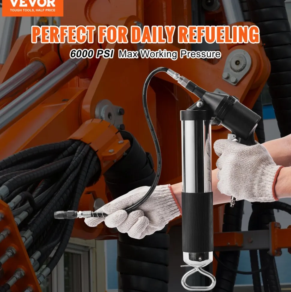 VEVOR Air Operated Grease Gun, 6000PSI, 14 OZ/400 CC Capacity Heavy Duty Pneumatic Grease Gun, with 18.5 Inch Flexible Hose, 1 Black Flat Coupler Pointed Coupler Bent Metal Pipe Locking Clamp Coupler