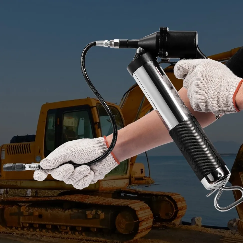 VEVOR Air Operated Grease Gun, 6000PSI, 14 OZ/400 CC Capacity Heavy Duty Pneumatic Grease Gun, with 18.5 Inch Flexible Hose, 1 Black Flat Coupler Pointed Coupler Bent Metal Pipe Locking Clamp Coupler