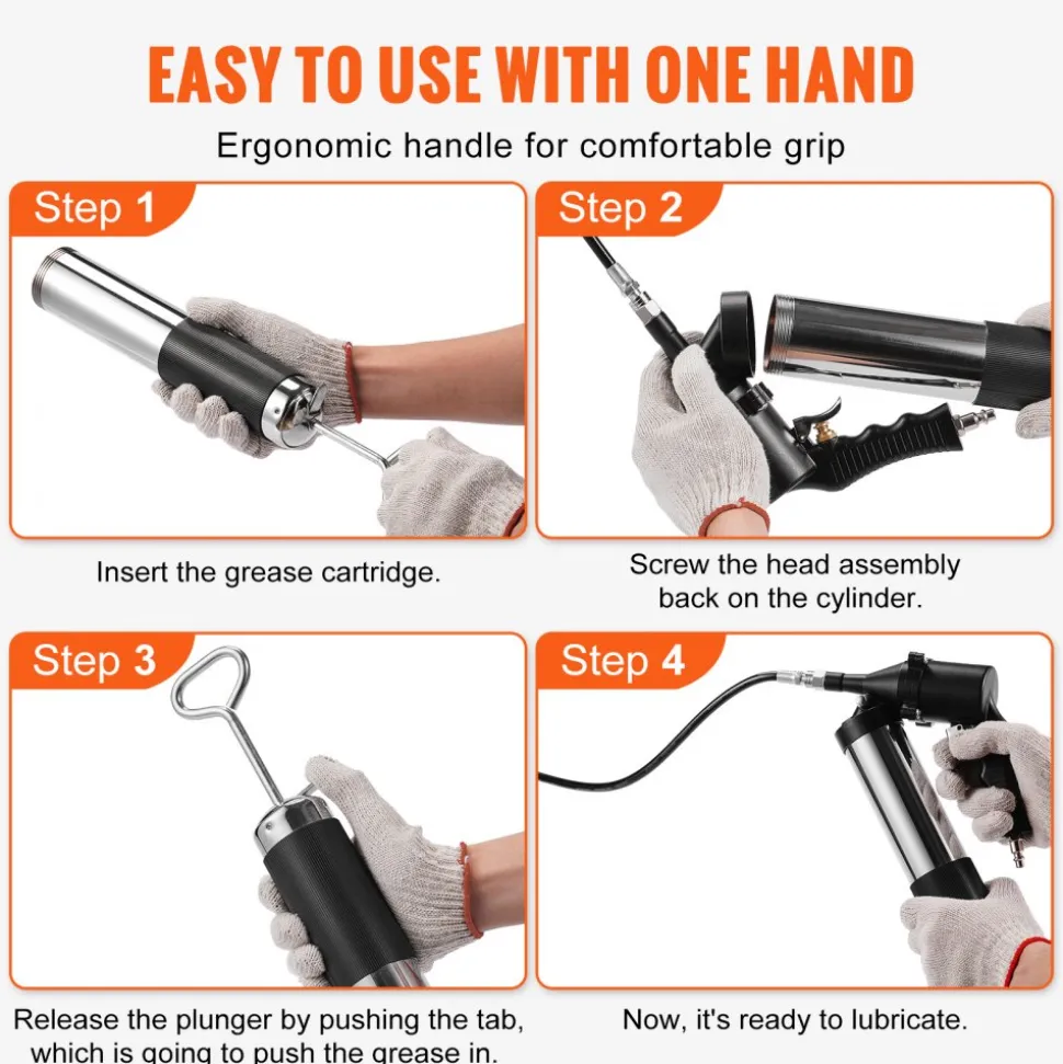 VEVOR Air Operated Grease Gun, 6000PSI, 14 OZ/400 CC Capacity Heavy Duty Pneumatic Grease Gun, with 18.5 Inch Flexible Hose, 1 Black Flat Coupler Pointed Coupler Bent Metal Pipe Locking Clamp Coupler