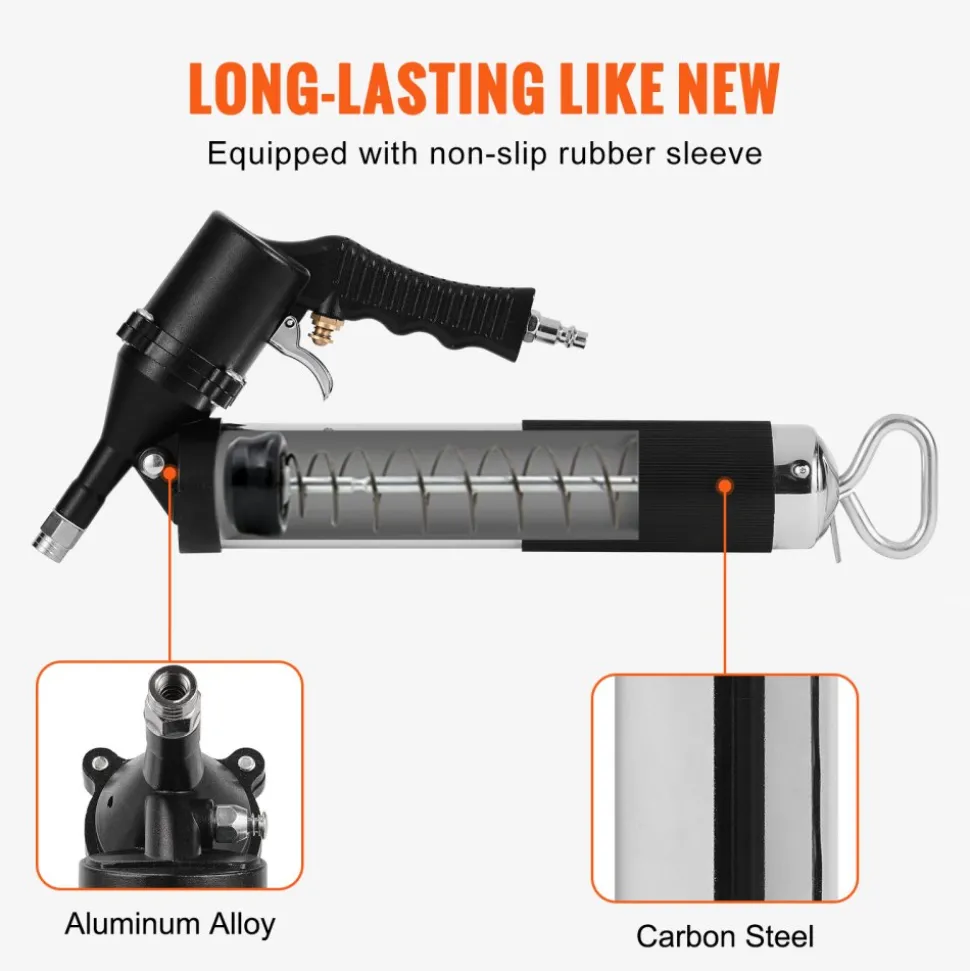 VEVOR Air Operated Grease Gun, 6000PSI, 14 OZ/400 CC Capacity Heavy Duty Pneumatic Grease Gun, with 18.5 Inch Flexible Hose, 1 Black Flat Coupler Pointed Coupler Bent Metal Pipe Locking Clamp Coupler