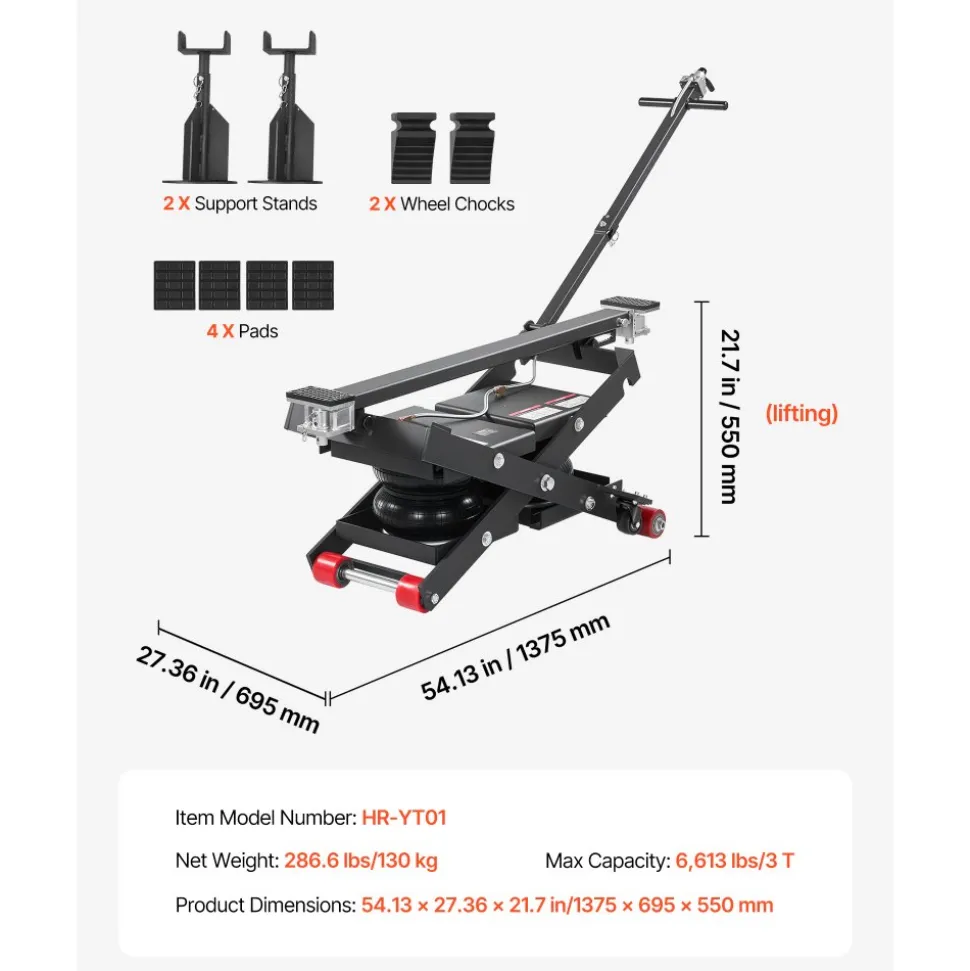 VEVOR Air Portable Car Lift, 6613 lbs/3 Ton Capacity, 21.7 inch Max Height, Adjustable Portable Air Car Lift with Airbag, Support Stands, Wheel Chocks, Rubber Pads, Heavy-Duty for Sedan SUV Pickup