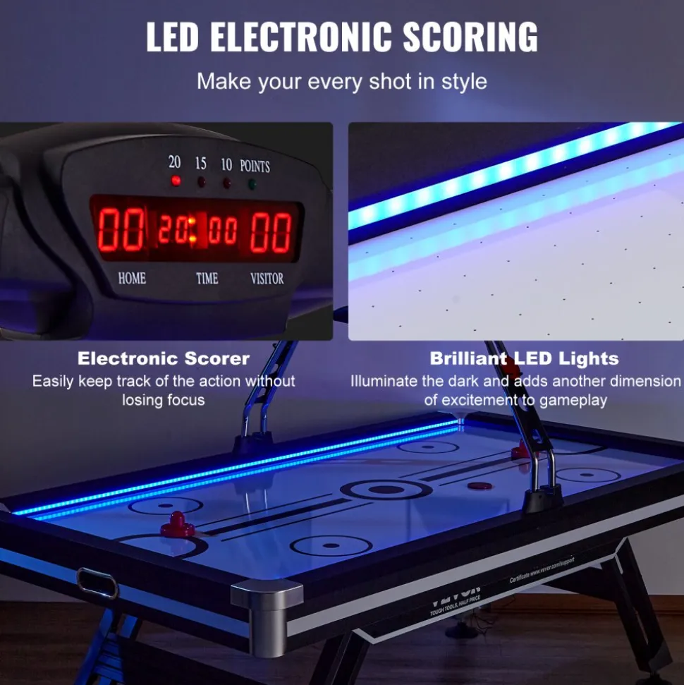 VEVOR Air-Powered Hockey Table, 89" Indoor Hockey Table for Kids and Adults, LED Sports Hockey Game with 2 Pucks, 2 Pushers, and Electronic Score System, Arcade Gaming Set for Game Room Family Home
