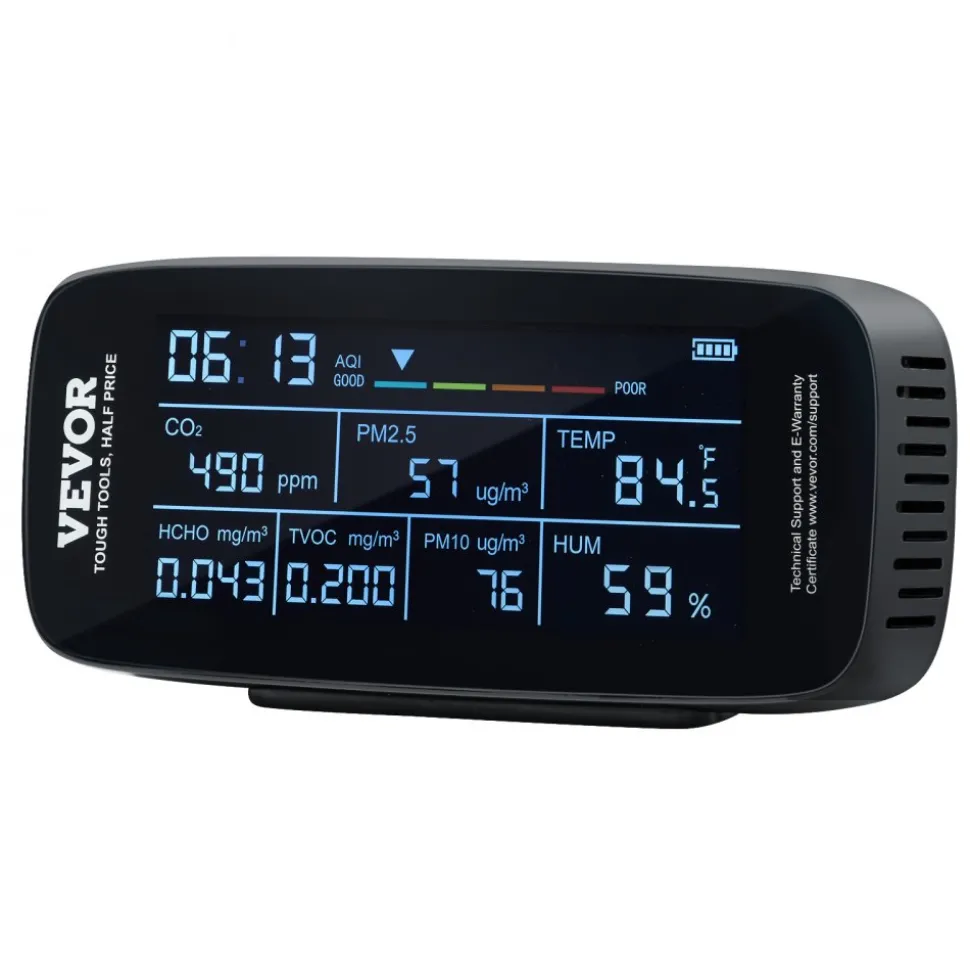 VEVOR Air Quality Monitor 9-IN-1, CO2, Temperature, Humidity, Formaldehyde TVOC AQI Tester, Professional PM2.5 PM10 PM1.0 Particle Counter for Indoor/Outdoor, Air Quality Meter w/Alarm Thresholds