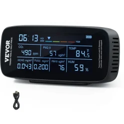 VEVOR Air Quality Monitor 9-IN-1, CO2, Temperature, Humidity, Formaldehyde TVOC AQI Tester, Professional PM2.5 PM10 PM1.0 Particle Counter for Indoor/Outdoor, Air Quality Meter w/Alarm Thresholds