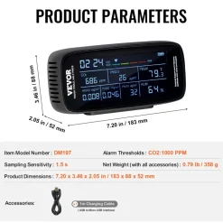 VEVOR Air Quality Monitor 9-IN-1, CO2, Temperature, Humidity, Formaldehyde TVOC AQI Tester, Professional PM2.5 PM10 PM1.0 Particle Counter for Indoor/Outdoor, Air Quality Meter w/Alarm Thresholds