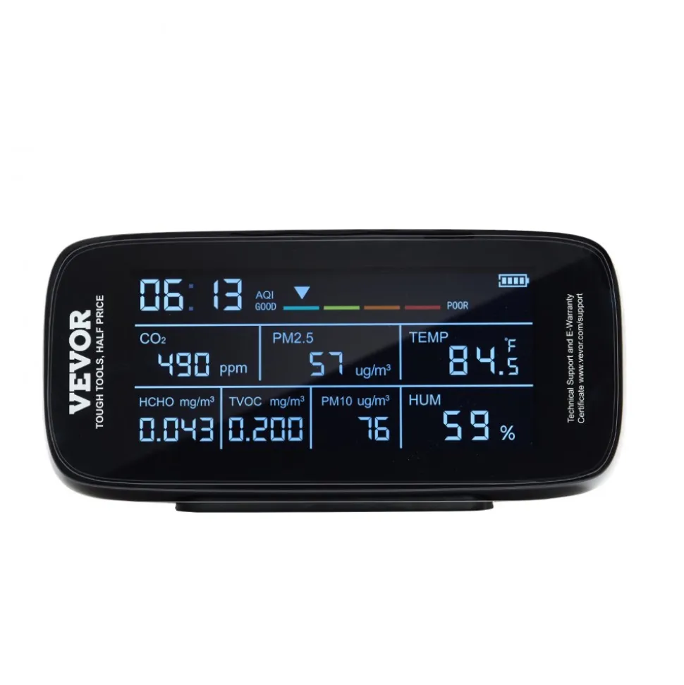 VEVOR Air Quality Monitor 9-IN-1, CO2, Temperature, Humidity, Formaldehyde TVOC AQI Tester, Professional PM2.5 PM10 PM1.0 Particle Counter for Indoor/Outdoor, Air Quality Meter w/Alarm Thresholds