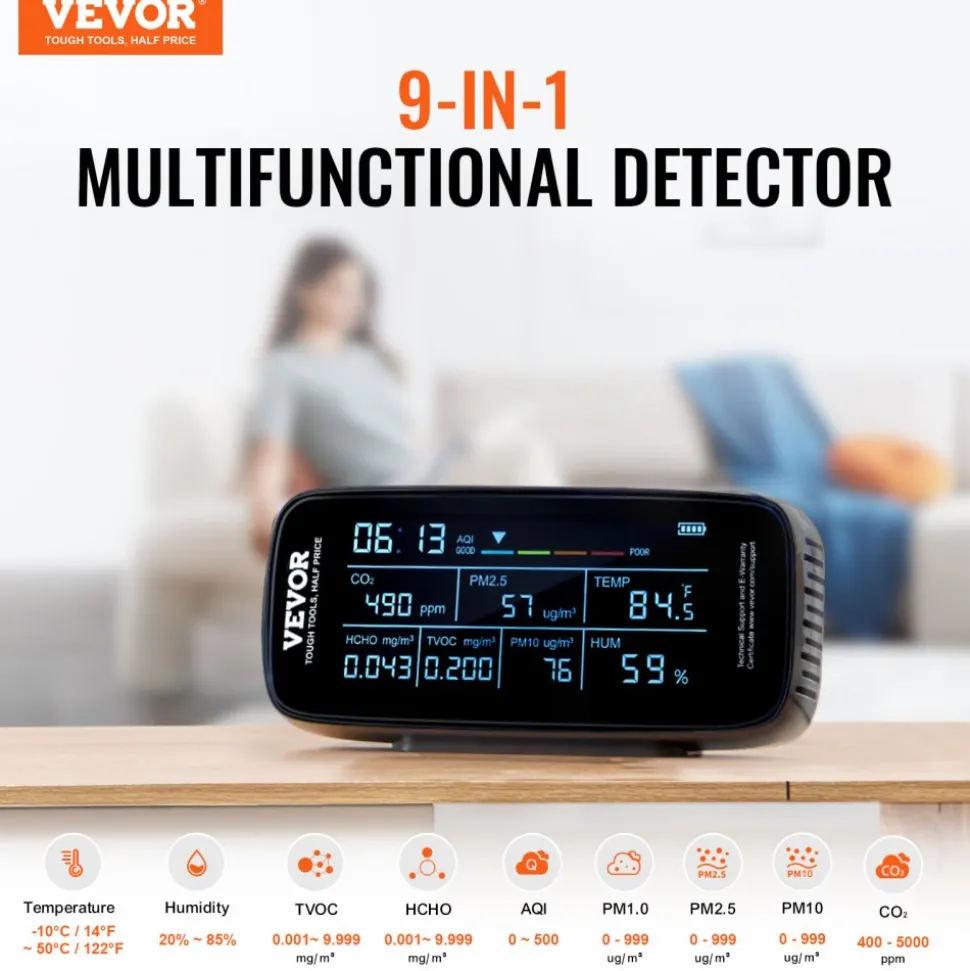 VEVOR Air Quality Monitor 9-IN-1, CO2, Temperature, Humidity, Formaldehyde TVOC AQI Tester, Professional PM2.5 PM10 PM1.0 Particle Counter for Indoor/Outdoor, Air Quality Meter w/Alarm Thresholds