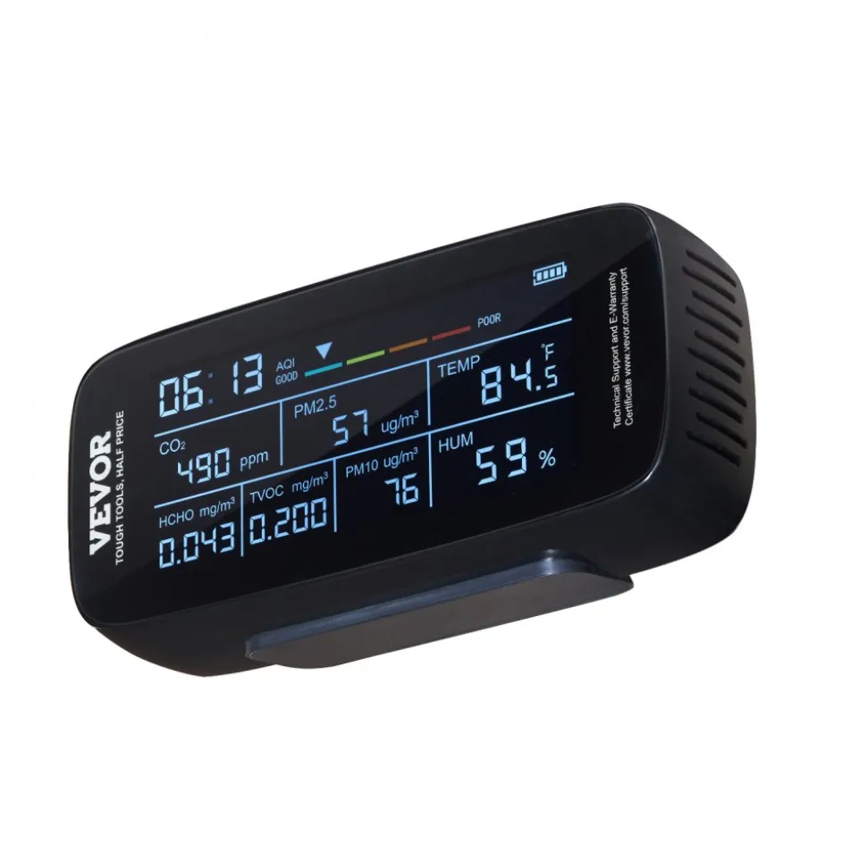 VEVOR Air Quality Monitor 9-IN-1, CO2, Temperature, Humidity, Formaldehyde TVOC AQI Tester, Professional PM2.5 PM10 PM1.0 Particle Counter for Indoor/Outdoor, Air Quality Meter w/Alarm Thresholds