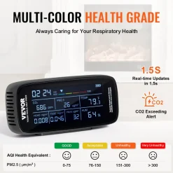 VEVOR Air Quality Monitor 9-IN-1, CO2, Temperature, Humidity, Formaldehyde TVOC AQI Tester, Professional PM2.5 PM10 PM1.0 Particle Counter for Indoor/Outdoor, Air Quality Meter w/Alarm Thresholds