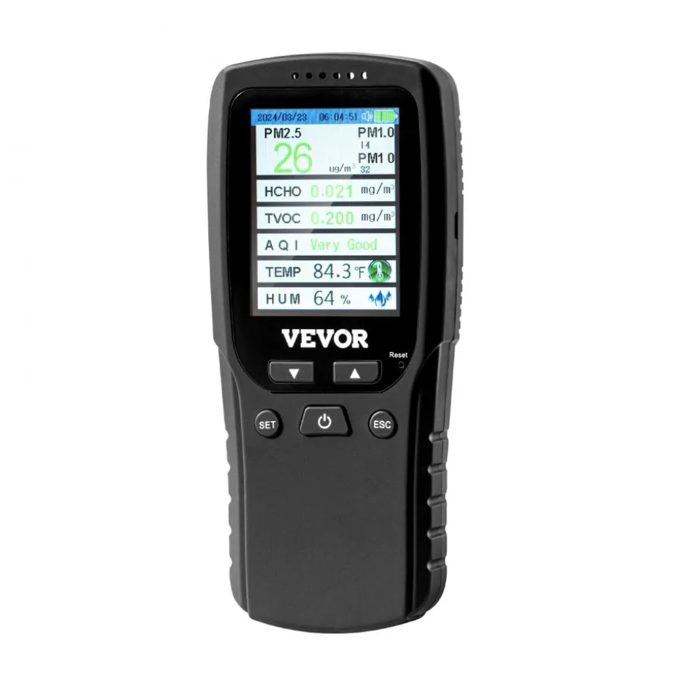 VEVOR Air Quality Monitor 8-IN-1, Professional PM2.5 PM10 PM1.0 Particle Counter, Formaldehyde, Temperature, Humidity, TVOC AQI Tester for Indoor/Outdoor, Air Quality Meter w/Alarm Thresholds