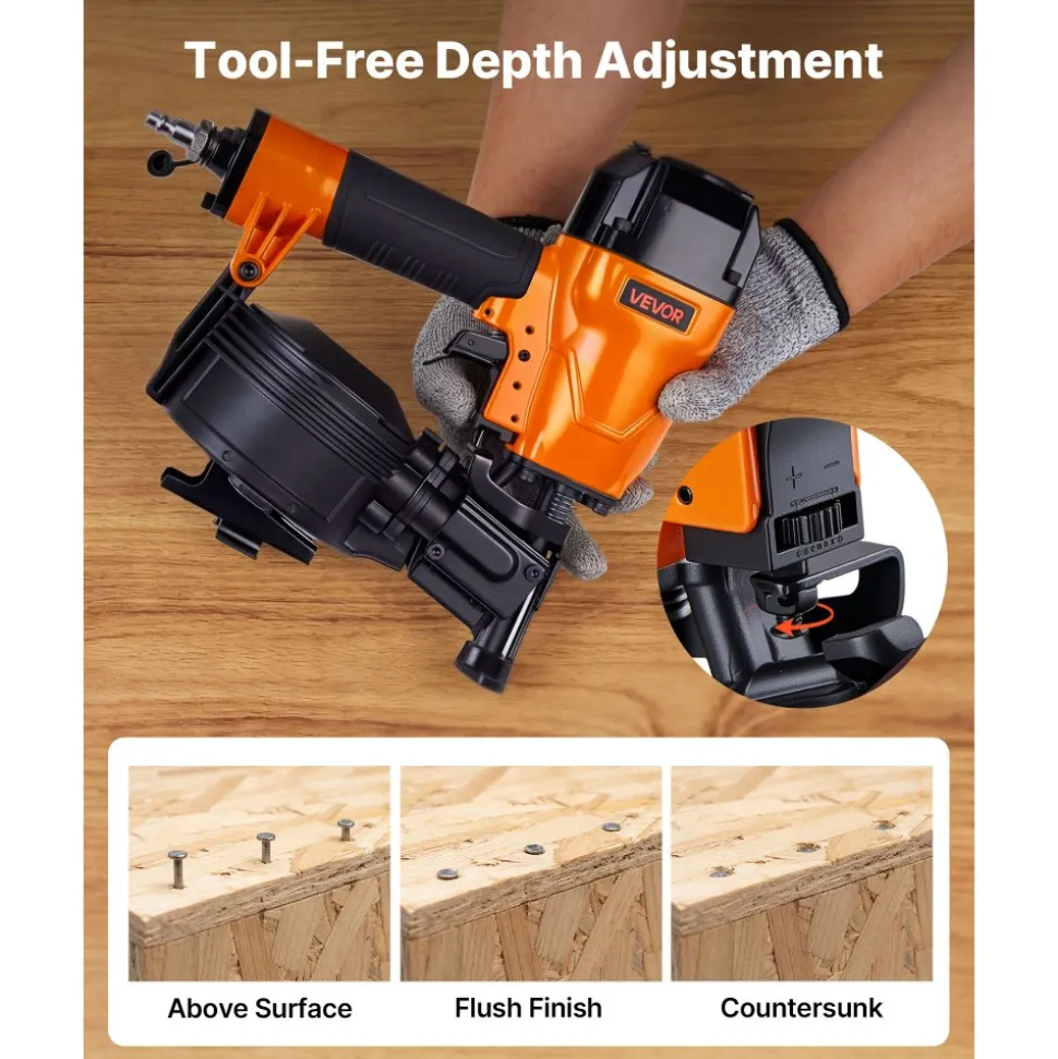 VEVOR Air Roofing Nailer CN45C, 3/4" to 1-3/4" 15 Degree Roofing Nail Gun with Two Firing Modes & Tool-Free Depth Adjustment, 70-110 PSI Pneumatic Coil Nailer for Asphalt Shingles, Roof Sheathing