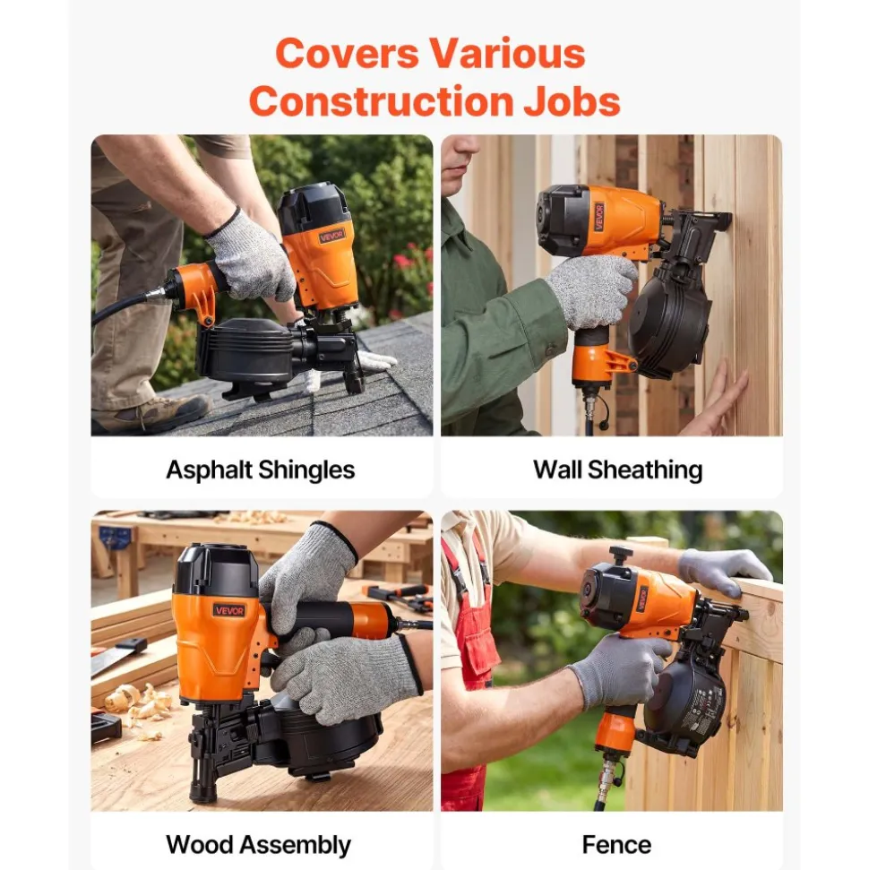 VEVOR Air Roofing Nailer CN45C, 3/4" to 1-3/4" 15 Degree Roofing Nail Gun with Two Firing Modes & Tool-Free Depth Adjustment, 70-110 PSI Pneumatic Coil Nailer for Asphalt Shingles, Roof Sheathing