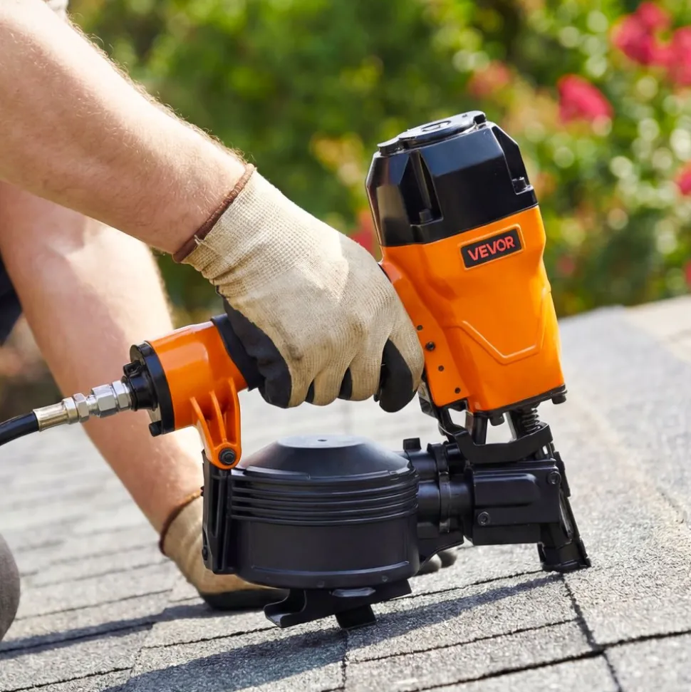 VEVOR Air Roofing Nailer CN45C, 3/4" to 1-3/4" 15 Degree Roofing Nail Gun with Two Firing Modes & Tool-Free Depth Adjustment, 70-110 PSI Pneumatic Coil Nailer for Asphalt Shingles, Roof Sheathing