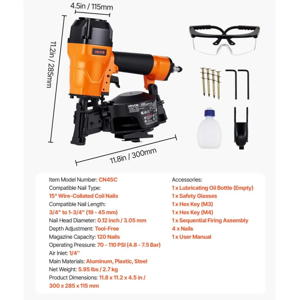 VEVOR Air Roofing Nailer CN45C, 3/4" to 1-3/4" 15 Degree Roofing Nail Gun with Two Firing Modes & Tool-Free Depth Adjustment, 70-110 PSI Pneumatic Coil Nailer for Asphalt Shingles, Roof Sheathing
