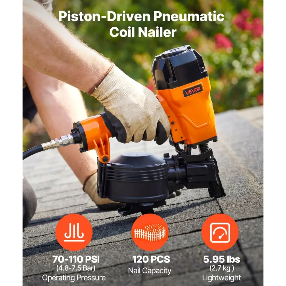 VEVOR Air Roofing Nailer CN45C, 3/4" to 1-3/4" 15 Degree Roofing Nail Gun with Two Firing Modes & Tool-Free Depth Adjustment, 70-110 PSI Pneumatic Coil Nailer for Asphalt Shingles, Roof Sheathing
