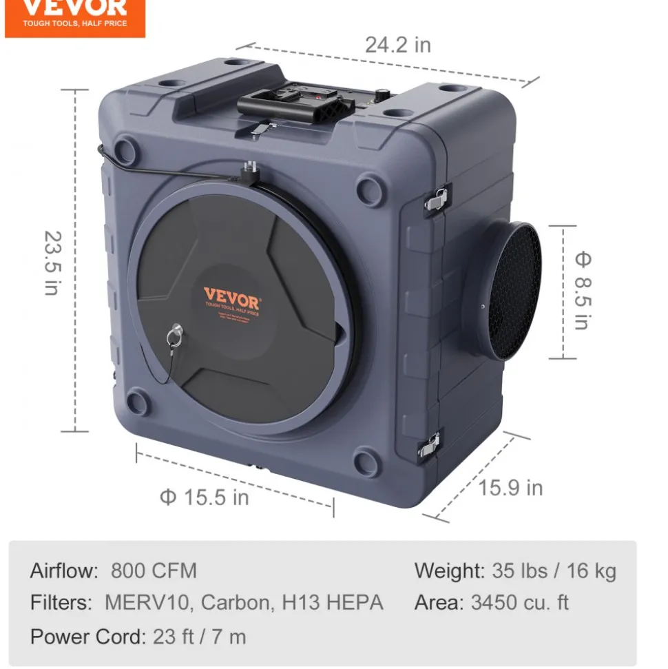 VEVOR Air Scrubber with 3-Stage Filtration, Stackable Negative Air Machine 800 CFM, Air Cleaner with MERV10, Carbon, H13 HEPA, for Home, Industrial and Commercial Use