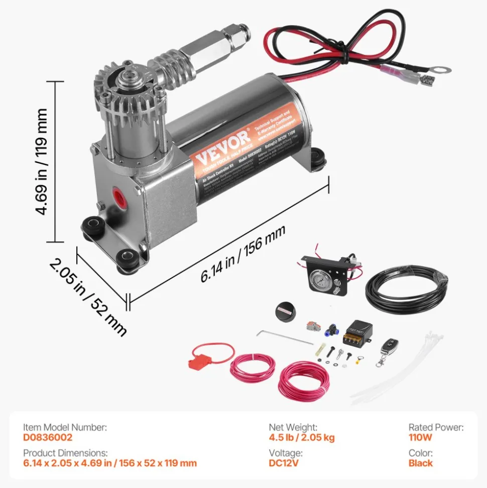 VEVOR Air Shock Controller Kit, 12V 100PSI On Board Air Compressor System, Air Ride Suspension Compressor Kit with Single Path System, Pressure Gauge & Air Line for Trucks Vans