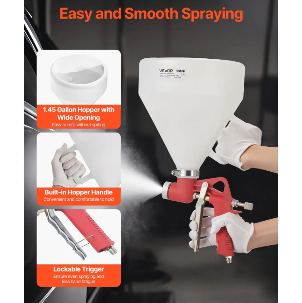 VEVOR Air Texture Spray Gun, 1.45 Gallon Air Hopper Spray Gun, Professional Drywall Texture Painting Sprayer with 3 Nozzles (3.5mm, 6mm, 8mm) for Popcorn, Knockdown, Orange Peel Textures