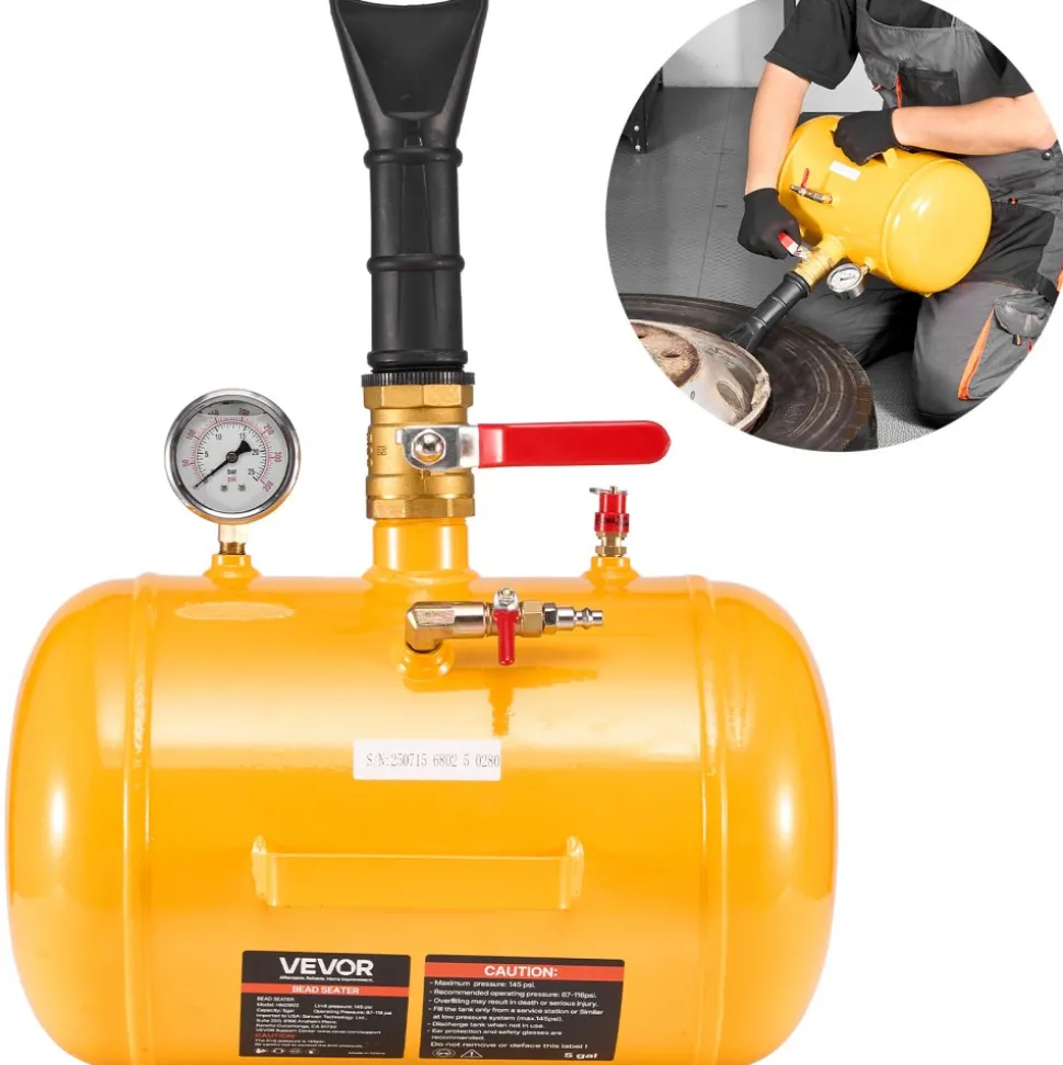VEVOR Air Tire Bead Seater, 5 Gal / 18.9 L, Heavy Duty Tire Bead Blaster Tool, 87-116 PSI Operating Pressure, Air Trigger Seating Inflator for Pickup, Truck, ATV, Jeep, Van, Lawn Tractor, RV, Yellow