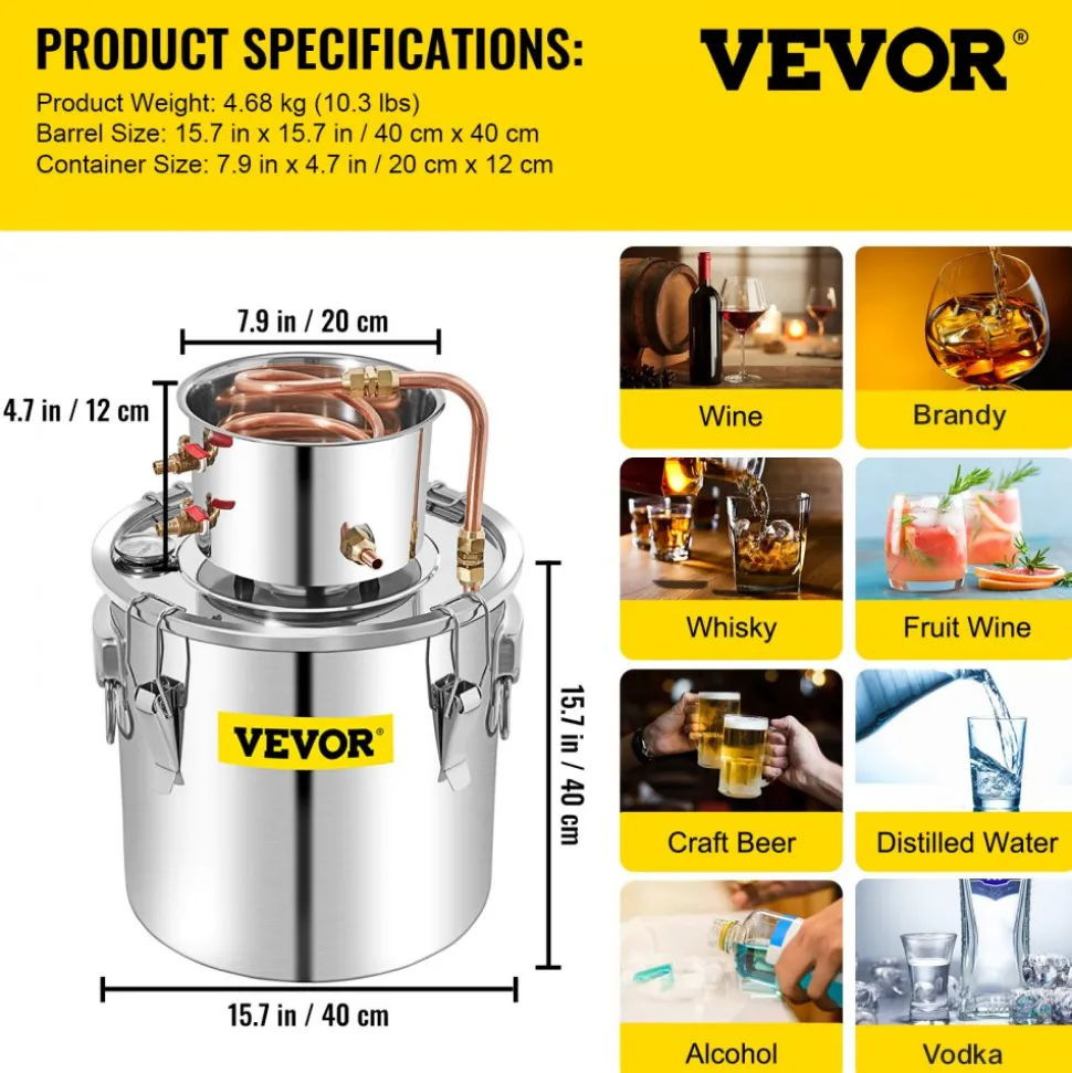 VEVOR Alcohol Still 13.2Gal/50L, Alcohol Distiller with Circulating Pump, Alcohol Still Copper Tube, Whiskey Distilling Kit with Build-In Thermometer, Whiskey Making Kit for DIY Alcohol, Stainless Ste