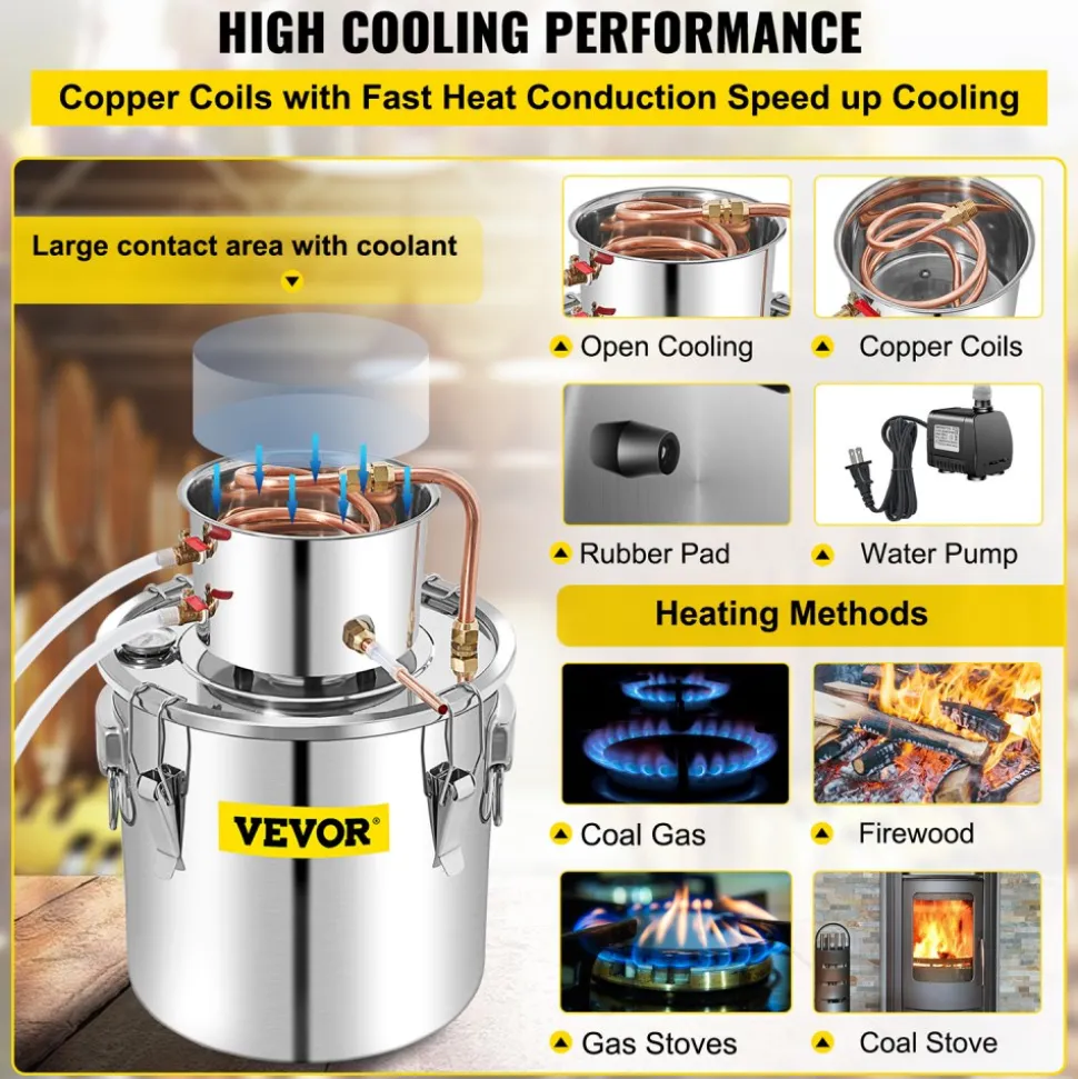VEVOR Alcohol Still 13.2Gal/50L, Alcohol Distiller with Circulating Pump, Alcohol Still Copper Tube, Whiskey Distilling Kit with Build-In Thermometer, Whiskey Making Kit for DIY Alcohol, Stainless Ste