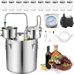VEVOR Alcohol Still 9.6Gal/38L, Alcohol Distiller with Circulating Pump, Alcohol Still Copper Tube, Whiskey Distilling Kit with Build-In Thermometer, Whiskey Making Kit for DIY Alcohol, Stainless Stee
