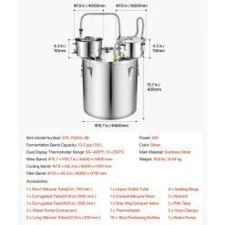 VEVOR Alcohol Still 9.6Gal/38L, Alcohol Distiller with Circulating Pump, Alcohol Still Copper Tube, Whiskey Distilling Kit with Build-In Thermometer, Whiskey Making Kit for DIY Alcohol, Stainless Stee
