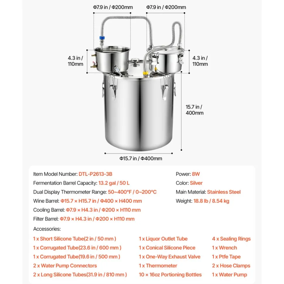 VEVOR Alcohol Still, 13.2 GAL/ 50L Alcohol Distiller with 10 x 16oz Glass Jars, Thumper Keg, Dual-scale Thermometer, and Water Pump, Home Brewing Kit for DIY Whiskey Wine Brandy