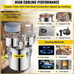 VEVOR Alcohol Still, 5 Gallon, Stainless Steel Alcohol Distiller with Copper Tube & Build-in Thermometer & Water Pump, Double Thumper Keg Home Brewing Kit, for DIY Whiskey Wine Brandy