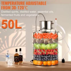 VEVOR Alcohol Still, 15 Gal 50L Water Alcohol Distiller, Home Distillery Kit include Stainless Steel Tube & Pump & One-way Exhaust Valve & Thermometer (30-120℃ ) for DIY Whisky Wine Brandy, Silver