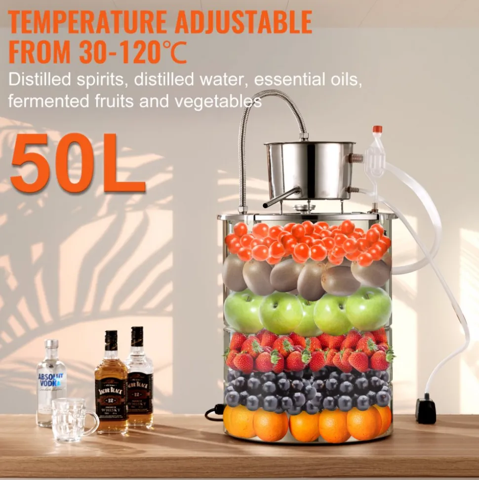 VEVOR Alcohol Still, 15 Gal 50L Water Alcohol Distiller, Home Distillery Kit include Stainless Steel Tube & Pump & One-way Exhaust Valve & Thermometer (30-120℃ ) for DIY Whisky Wine Brandy, Silver