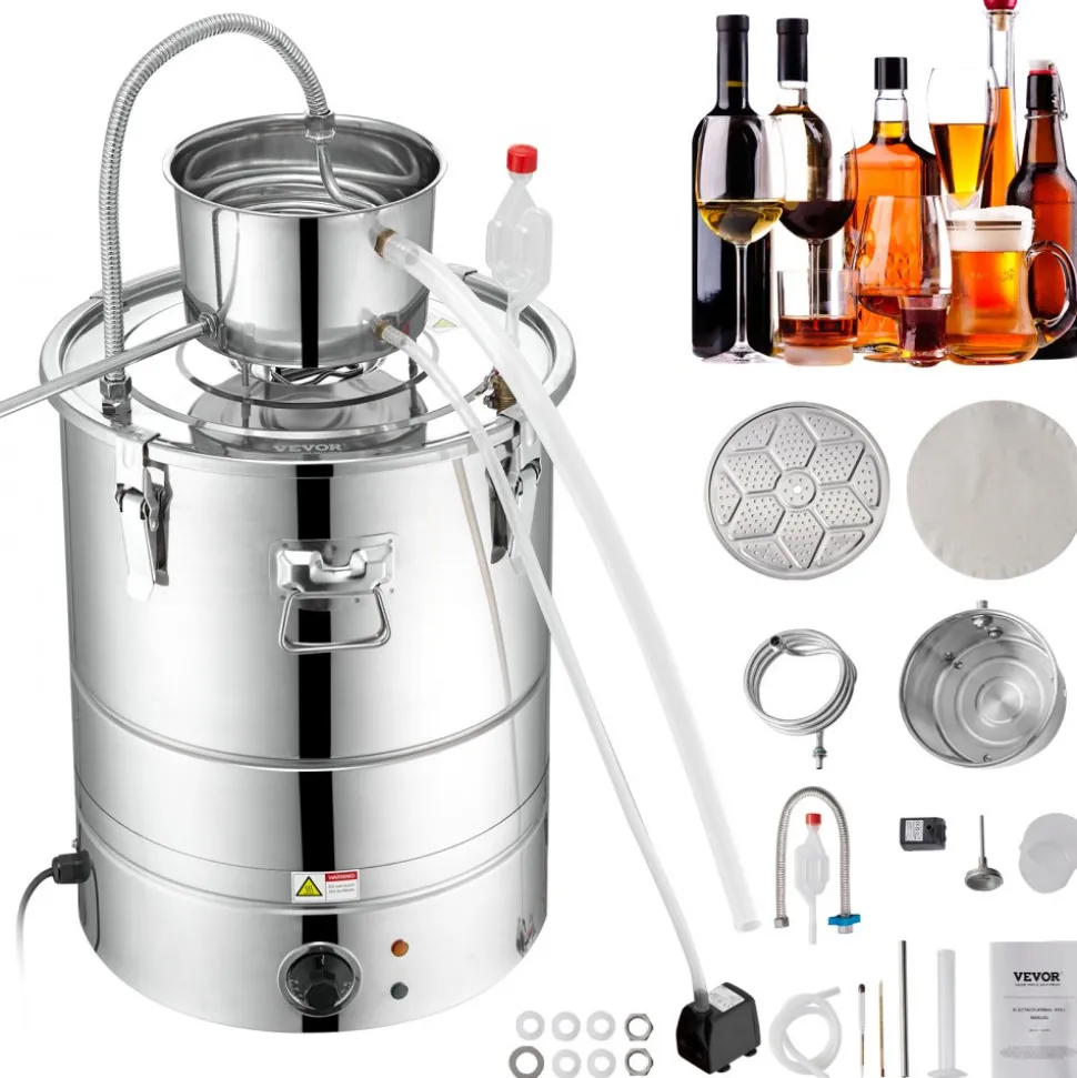 VEVOR Alcohol Still, 15 Gal 50L Water Alcohol Distiller, Home Distillery Kit include Stainless Steel Tube & Pump & One-way Exhaust Valve & Thermometer (30-120℃ ) for DIY Whisky Wine Brandy, Silver