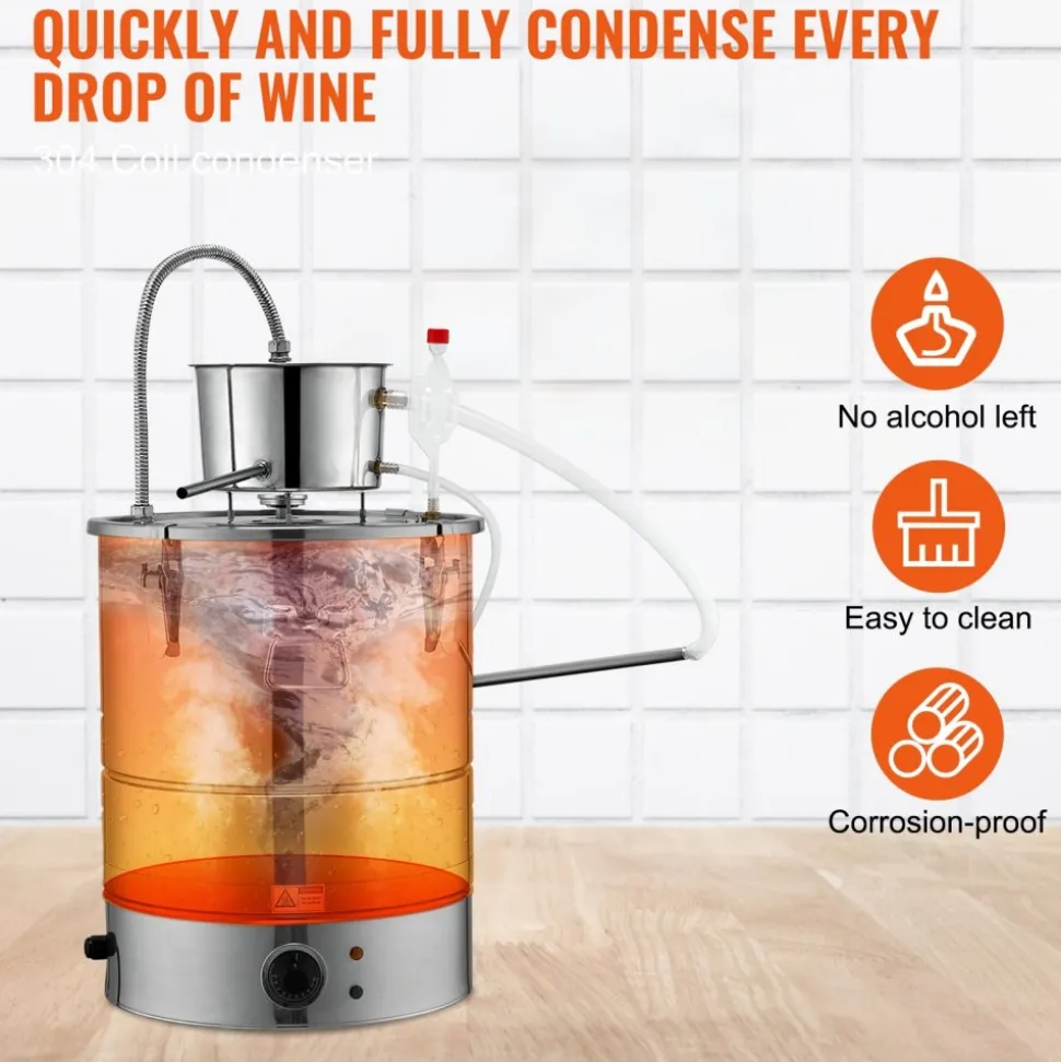 VEVOR Alcohol Still, 15 Gal 50L Water Alcohol Distiller, Home Distillery Kit include Stainless Steel Tube & Pump & One-way Exhaust Valve & Thermometer (30-120℃ ) for DIY Whisky Wine Brandy, Silver