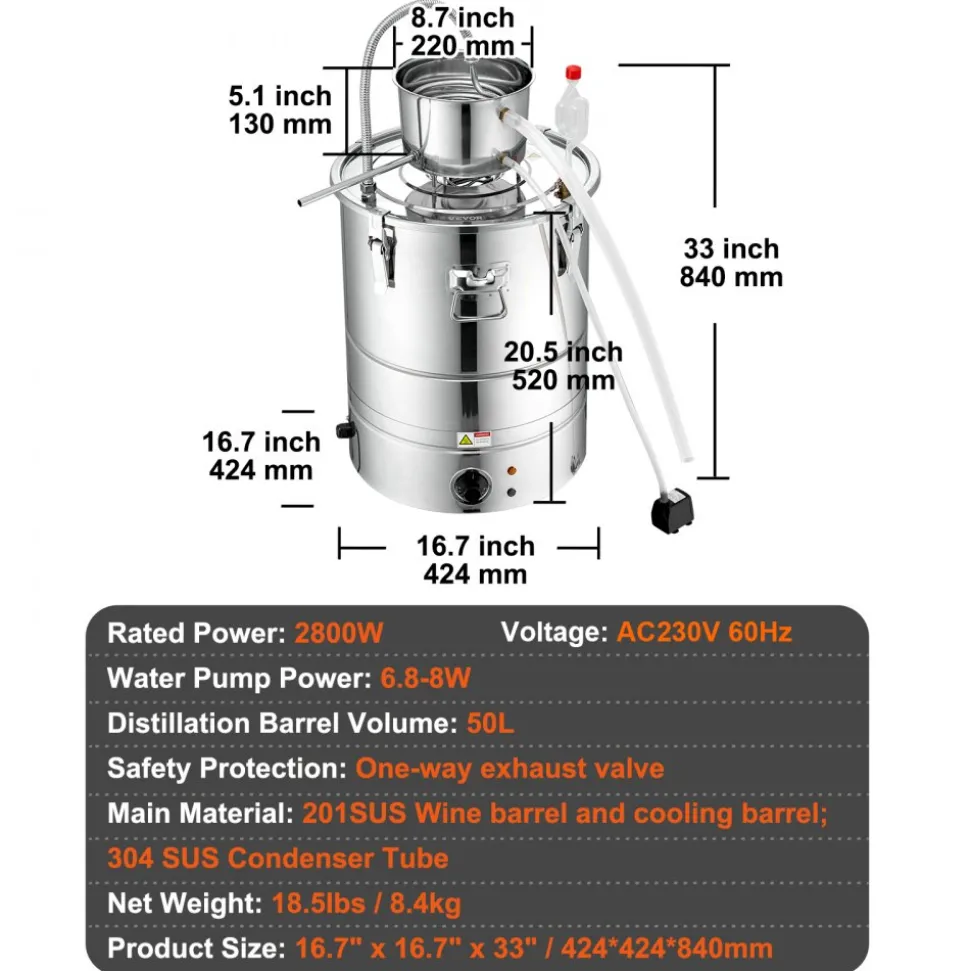 VEVOR Alcohol Still, 15 Gal 50L Water Alcohol Distiller, Home Distillery Kit include Stainless Steel Tube & Pump & One-way Exhaust Valve & Thermometer (30-120℃ ) for DIY Whisky Wine Brandy, Silver