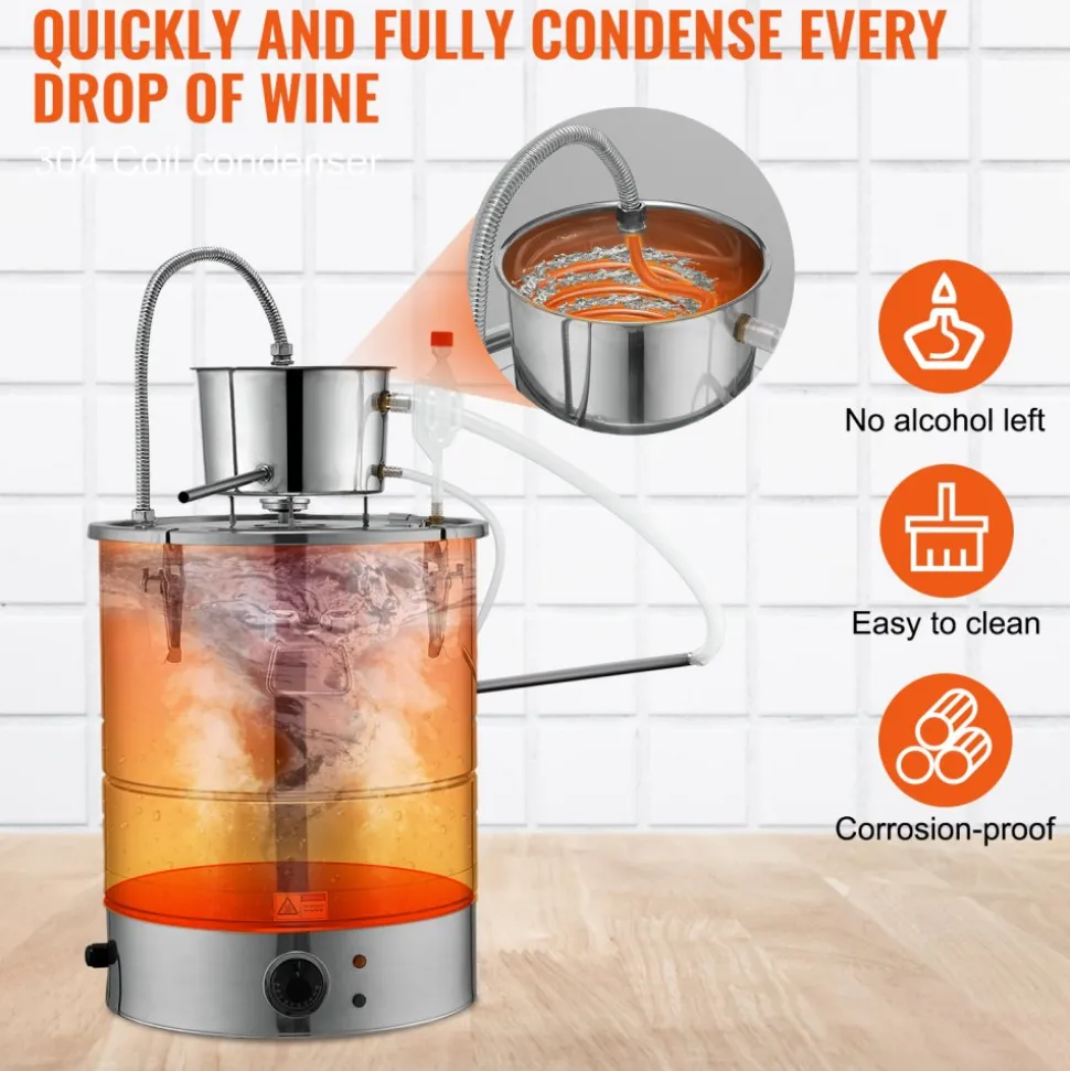 VEVOR Alcohol Still, 9 Gal 30L Water Alcohol Distiller, Home Distillery Kit include Stainless Steel Tube & Pump & One-way Exhaust Valve & Thermometer (30-120℃ ) for DIY Whisky Wine Brandy, Silver