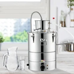 VEVOR Alcohol Still, 9 Gal 30L Water Alcohol Distiller, Home Distillery Kit include Stainless Steel Tube & Pump & One-way Exhaust Valve & Thermometer (30-120℃ ) for DIY Whisky Wine Brandy, Silver
