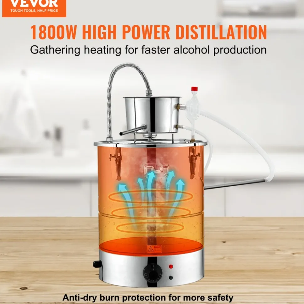 VEVOR Alcohol Still, 9 Gal 30L Water Alcohol Distiller, Home Distillery Kit include Stainless Steel Tube & Pump & One-way Exhaust Valve & Thermometer (30-120℃ ) for DIY Whisky Wine Brandy, Silver