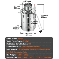 VEVOR Alcohol Still, 9 Gal 30L Water Alcohol Distiller, Home Distillery Kit include Stainless Steel Tube & Pump & One-way Exhaust Valve & Thermometer (30-120℃ ) for DIY Whisky Wine Brandy, Silver