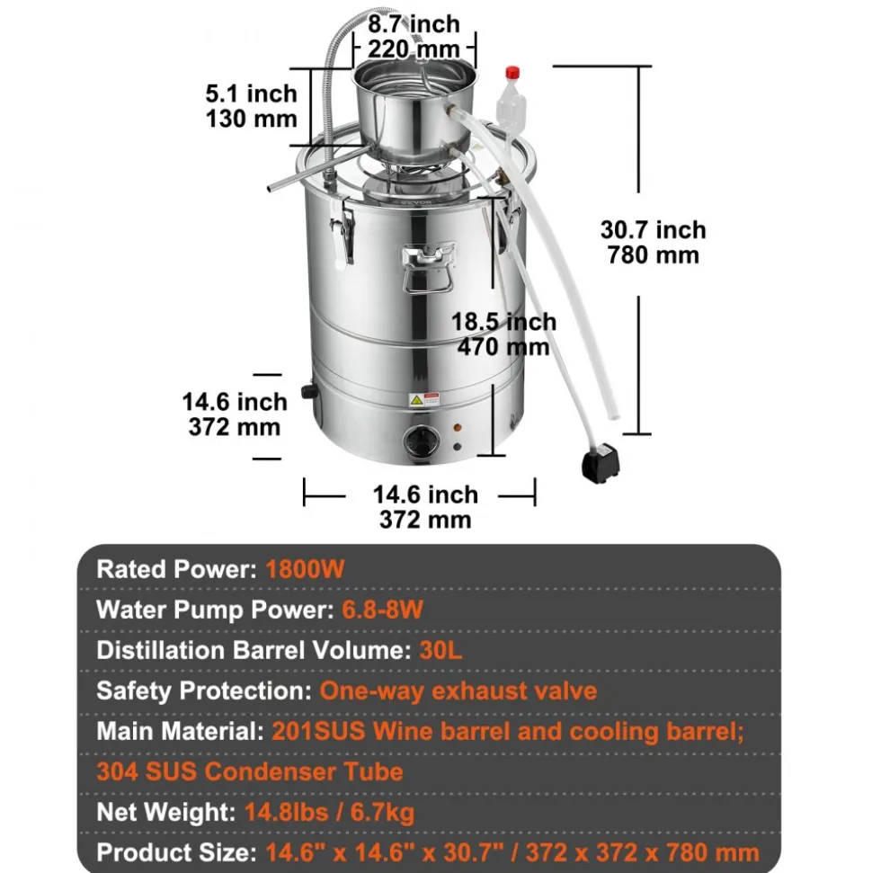 VEVOR Alcohol Still, 9 Gal 30L Water Alcohol Distiller, Home Distillery Kit include Stainless Steel Tube & Pump & One-way Exhaust Valve & Thermometer (30-120℃ ) for DIY Whisky Wine Brandy, Silver