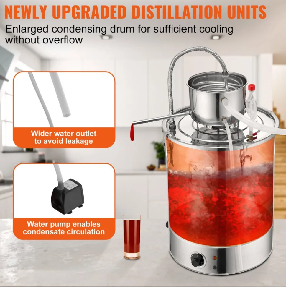 VEVOR Alcohol Still, 9 Gal 30L Water Alcohol Distiller, Home Distillery Kit include Stainless Steel Tube & Pump & One-way Exhaust Valve & Thermometer (30-120℃ ) for DIY Whisky Wine Brandy, Silver