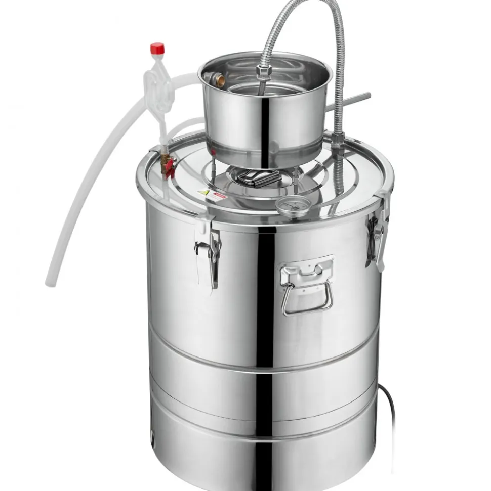 VEVOR Alcohol Still, 9 Gal 30L Water Alcohol Distiller, Home Distillery Kit include Stainless Steel Tube & Pump & One-way Exhaust Valve & Thermometer (30-120℃ ) for DIY Whisky Wine Brandy, Silver