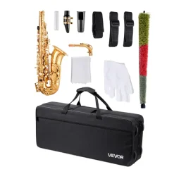 VEVOR Alto Saxophone, E Flat, Brass Saxophone Beginner Kit with Carrying Case, Mouthpiece, Straps, Cleaning Cloth Rod, Gloves, Grease, Neck Strap, 23 Keys Alto Sax Kit, for Beginners Students, Gold
